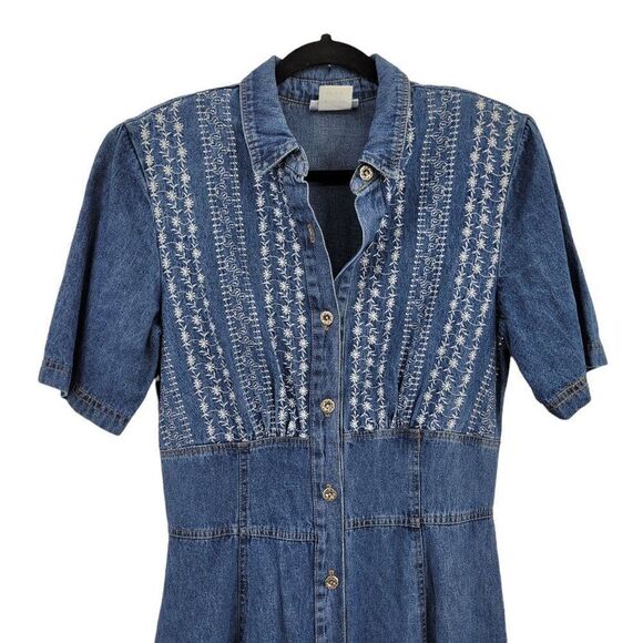 Vtg 80's Dress Embroidered Modest Denim Pinafore Prairie Maxi Pockets Sz S - Picture 3 of 11